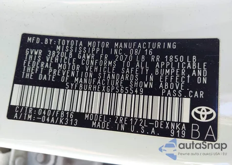 2016 Toyota Corolla Le z USA, uszkodzony, nr VIN 5YFBURHEXGP565549